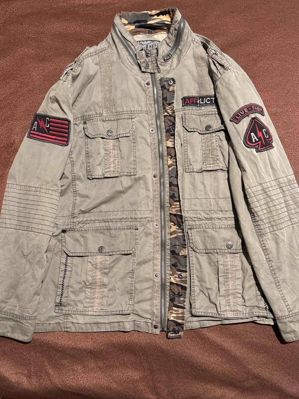 Affliction Olive Military Field Jacket with Camo Trim